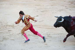 Novillero Paco Chaves took evasive action after a mistimed run to to place bandilleras in the back of the bull